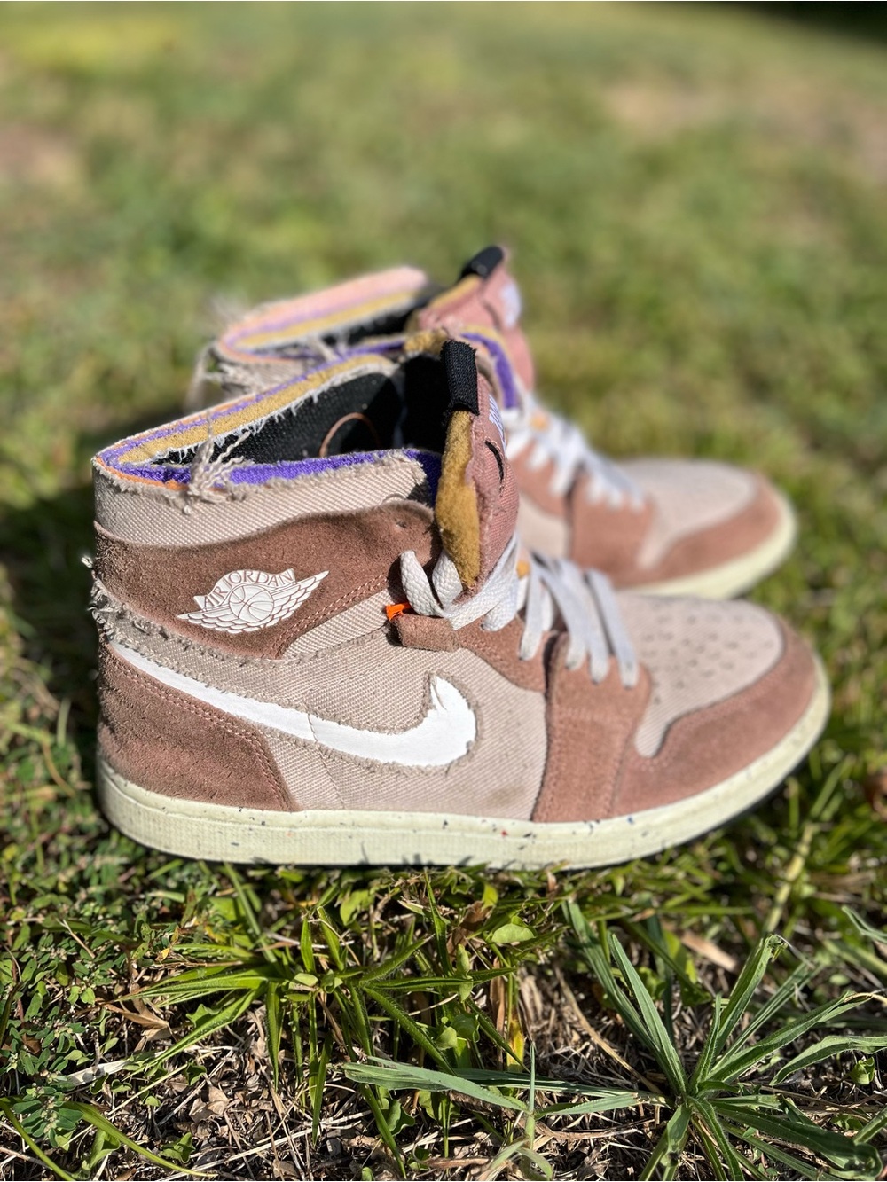 Jordan Kids High-Top Sneakers in Brown and White with Purple Trim
